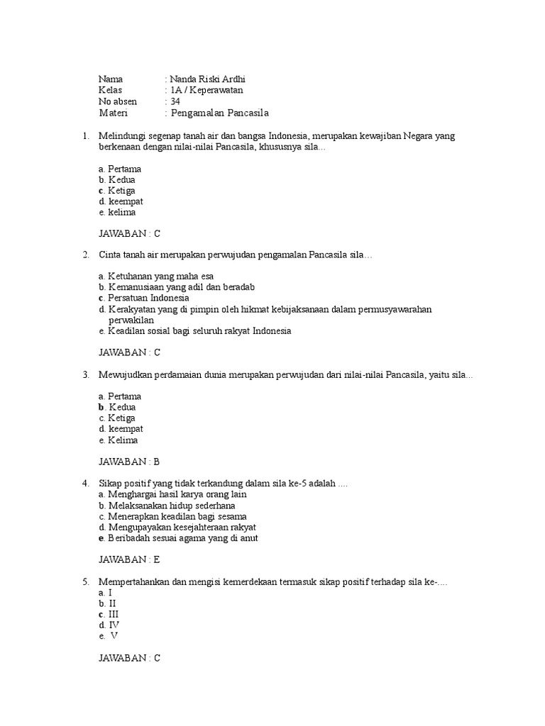 Soal Pkn Pengamalan Pancasila Dalam Kehidupan Sehari Hari 1
