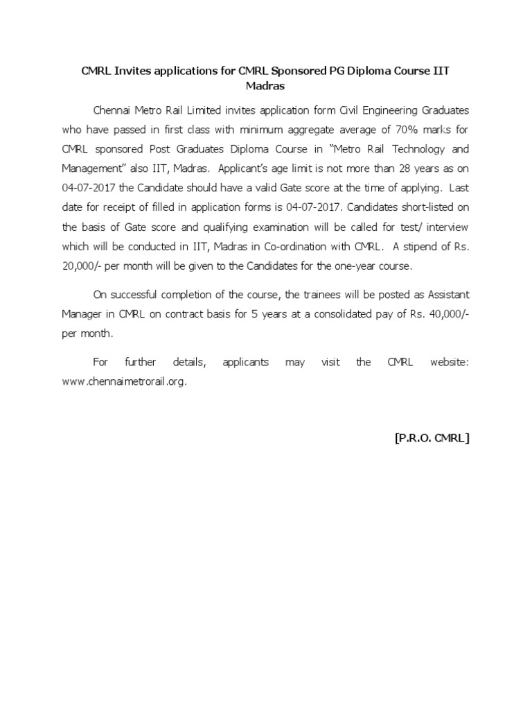 CMRL Invites Applications | PDF