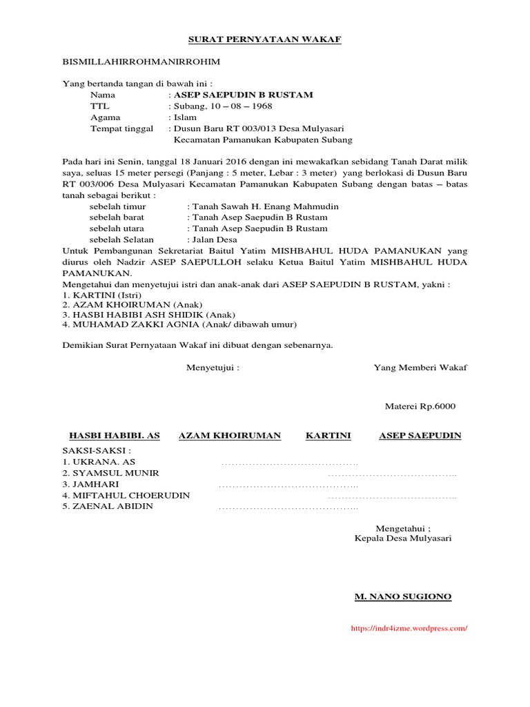 Surat Pernyataan Wakaf | PDF