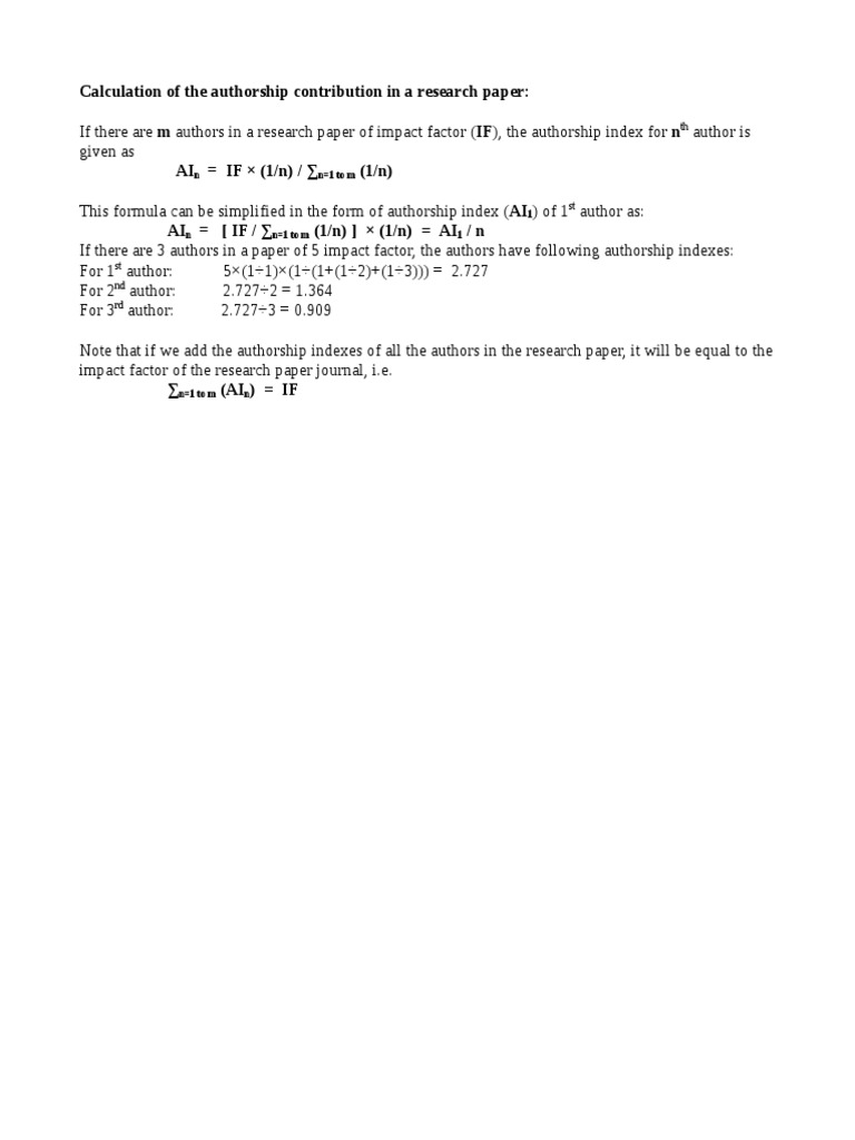 Calculation of The Authorship Contribution in A Research Paper | PDF