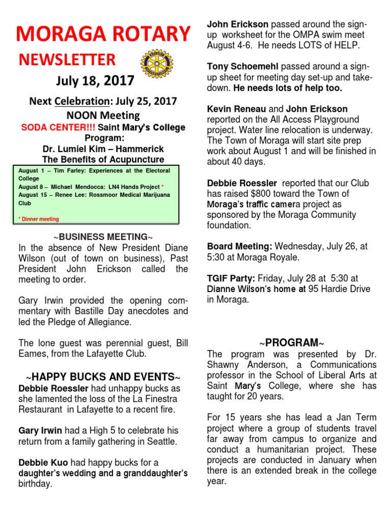 Moraga Rotary Newsletter - July 2017 | PDF | Social Science