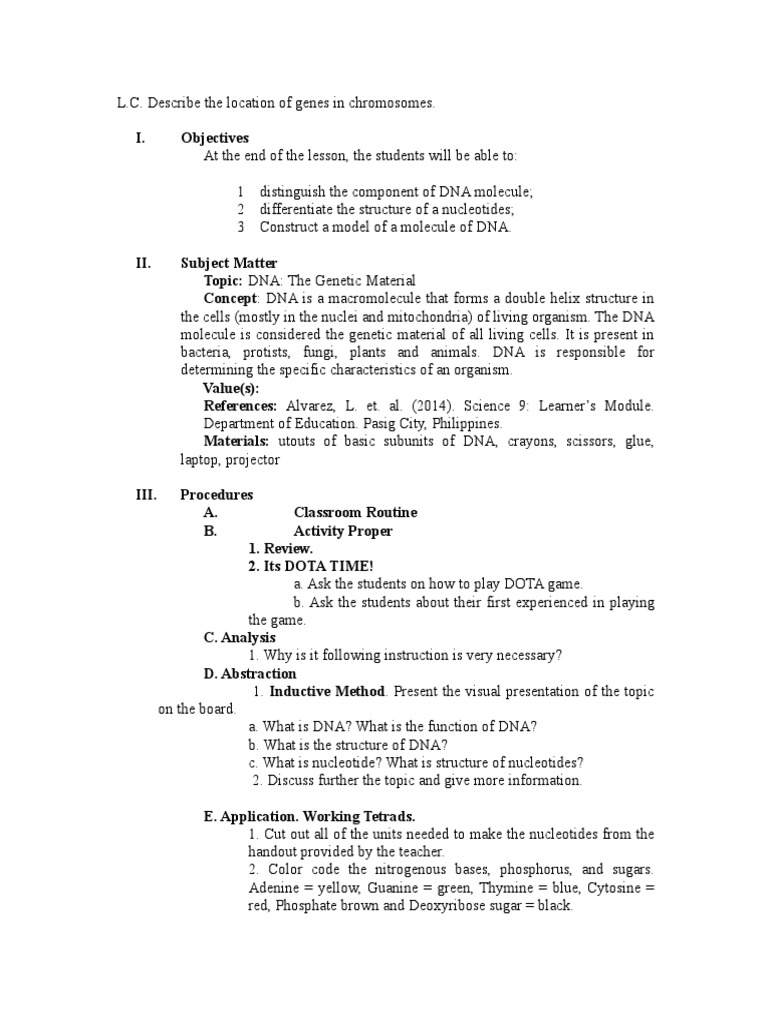 Lesson Plan in DNA Grade 9 Practicum PDF Dna Nucleotides