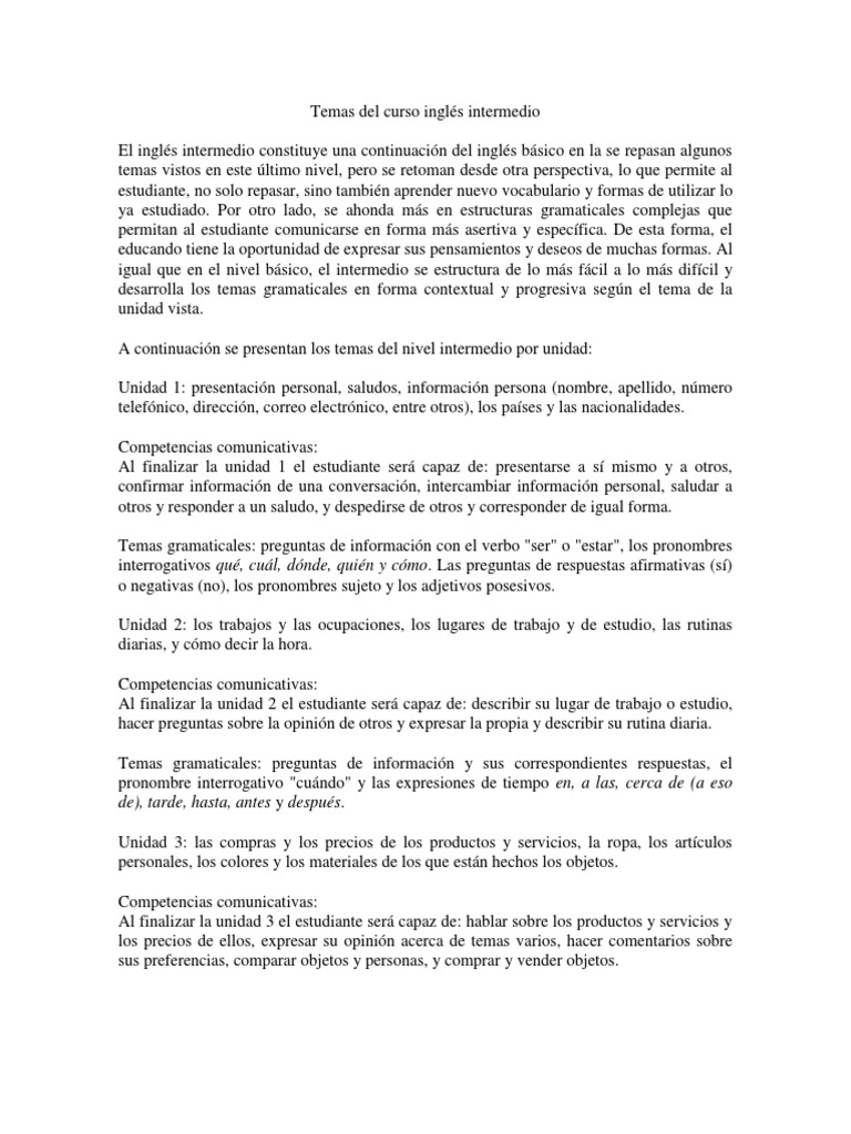 Temas del Curso de Inglés Intermedio | PDF | Verbo | Pronombre
