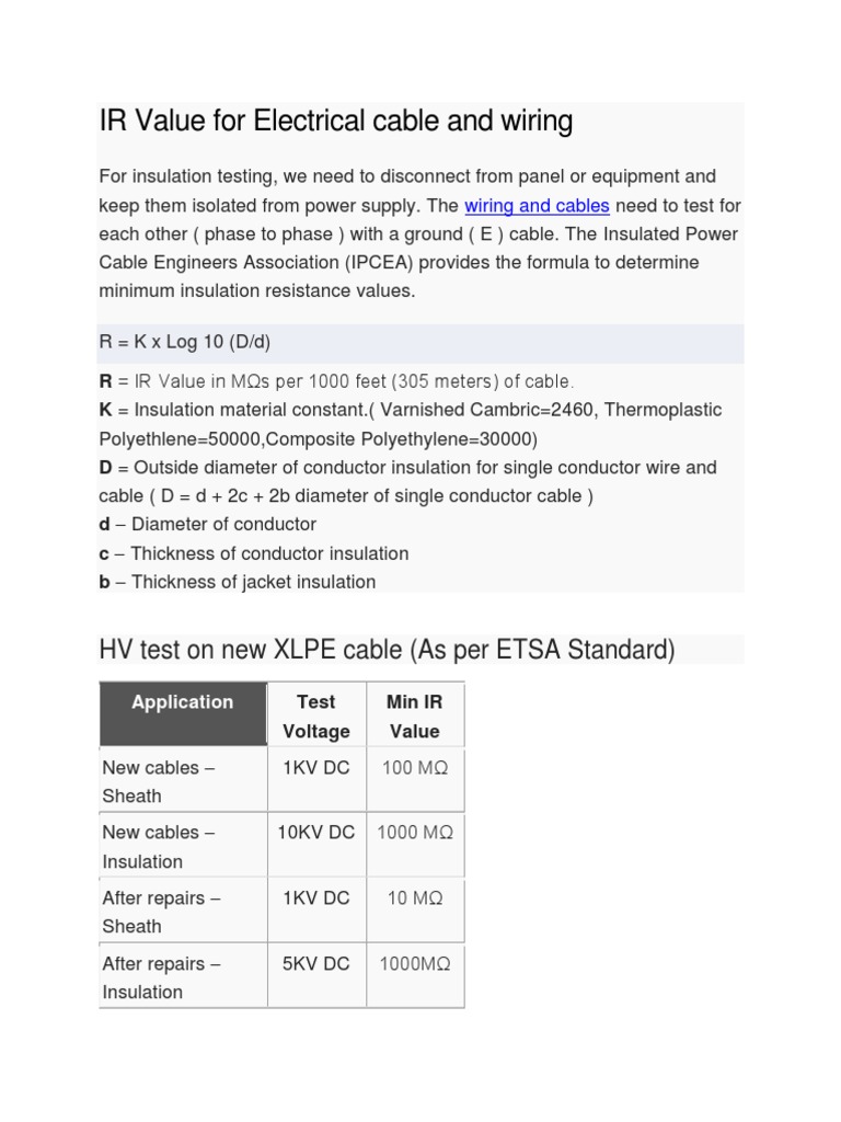 IR Value for Electrical Cable and Wiring Insulator (Electricity
