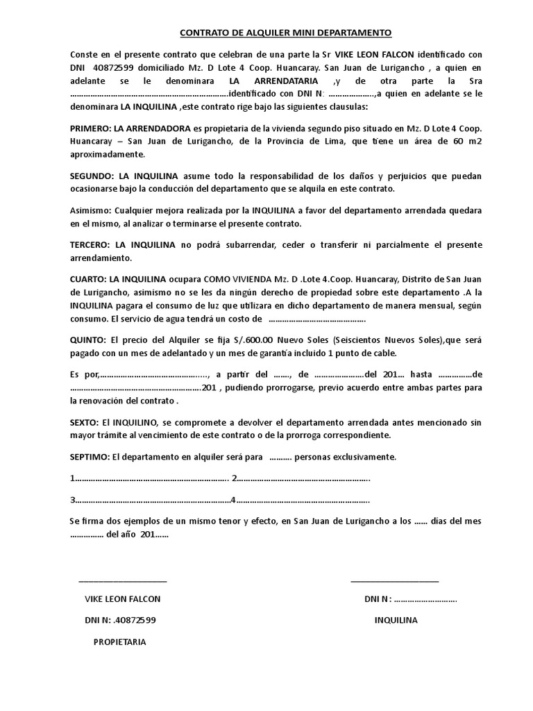 Contrato de Alquiler Mini Departamento | PDF | Gobierno | Business