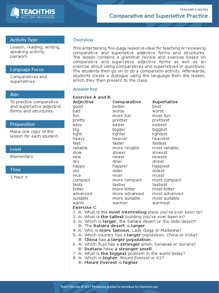 Comparative And Superlative Practice English As A Second Or Foreign Language Adjective