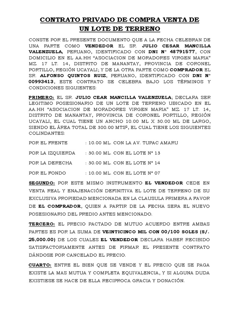 Contrato Privado de Compra Venta de Un Lote de Terreno