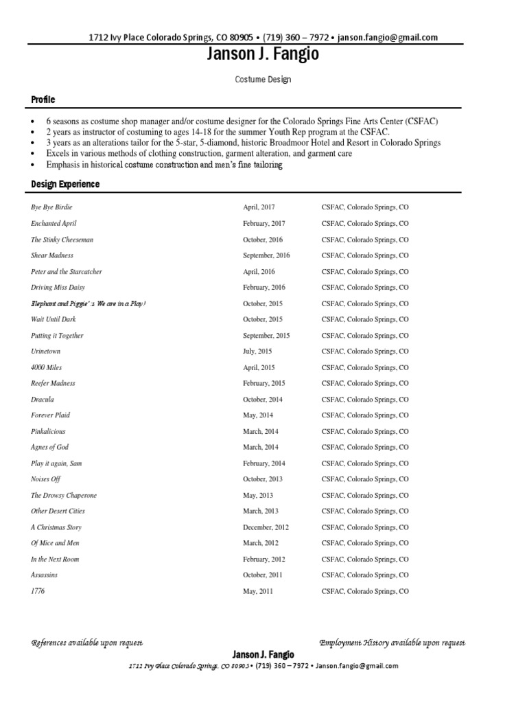costume resume2017 | Costume Design | Performing Arts