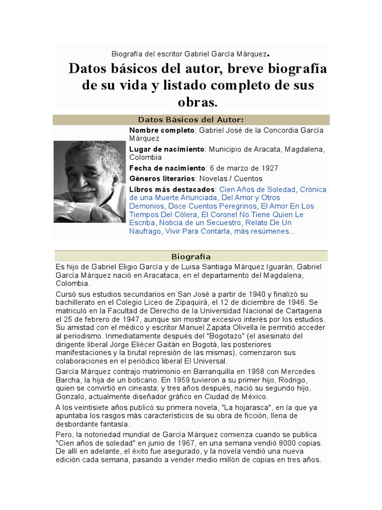 Biografía Del Escritor Gabriel García Márquez | PDF | Gabriel García Márquez