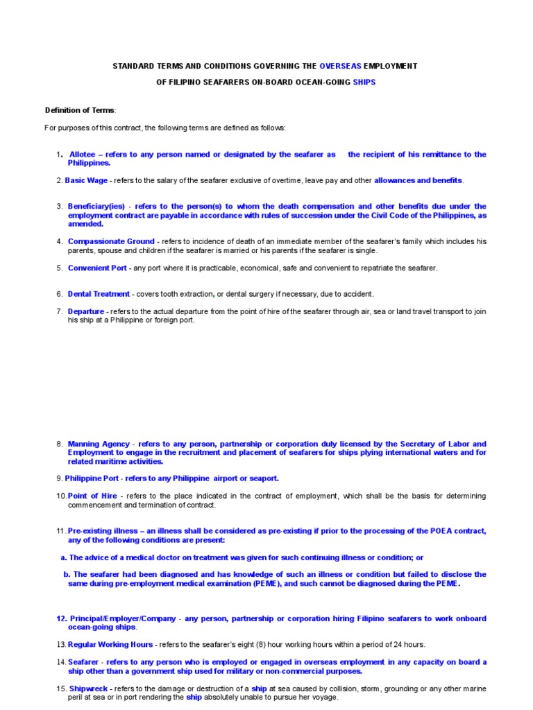 POEA Seafarers Employment Contract Benefits | PDF | Overtime | Employment