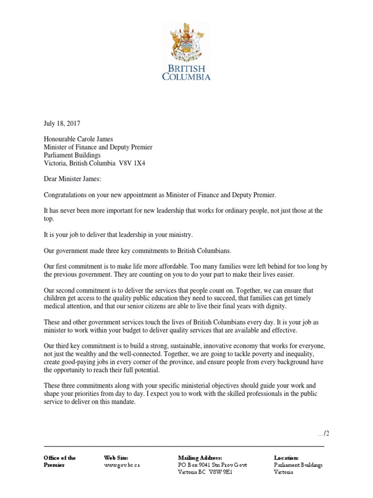 Mandate Letter British Columbia Ministry of Finance British Columbia