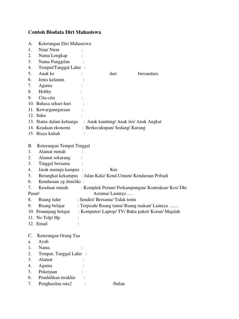  Contoh Biodata Diri  Mahasiswa