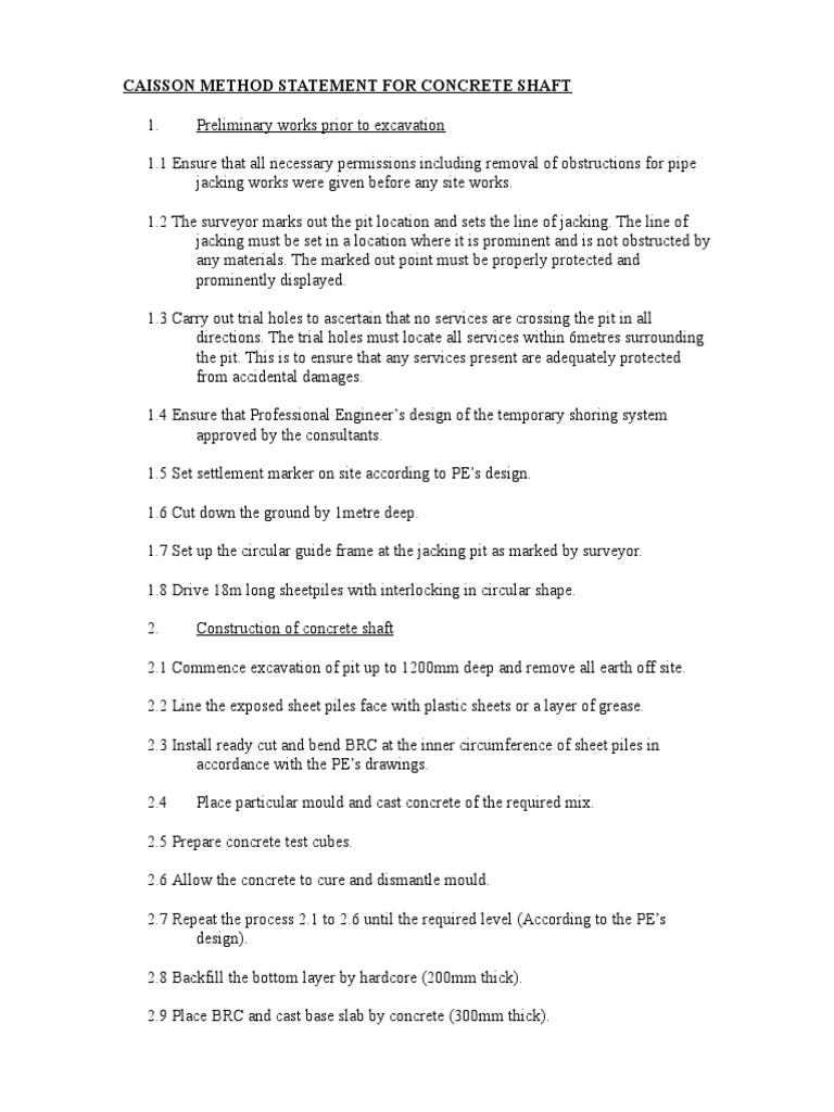 Caisson Method Statement For Pipe Jacking | PDF