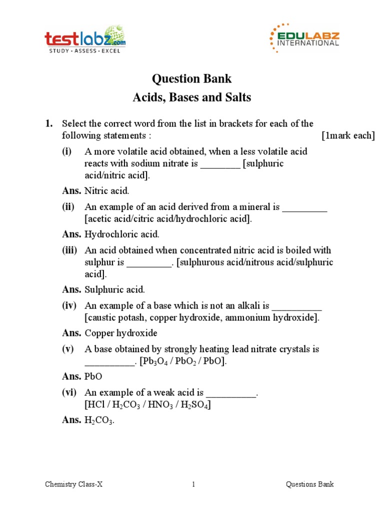 Acids, Bases, and Salts Question Bank | PDF | Hydroxide | Acid