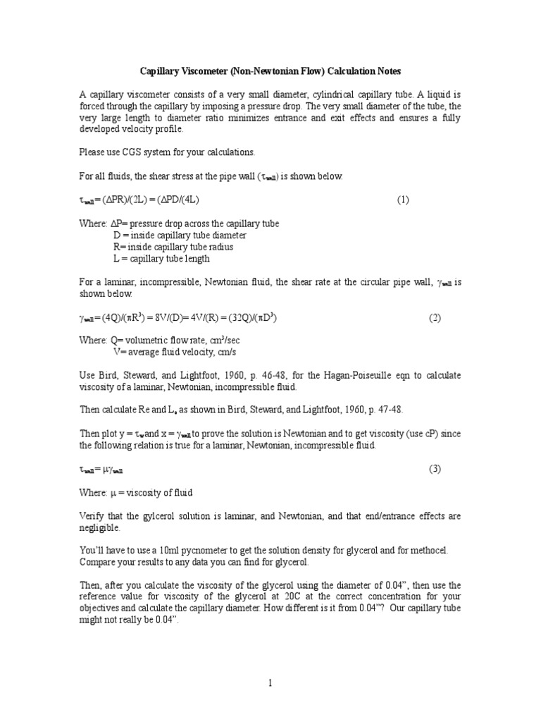 Capillary Viscometer Calculation Notes | PDF | Shear Stress | Viscosity
