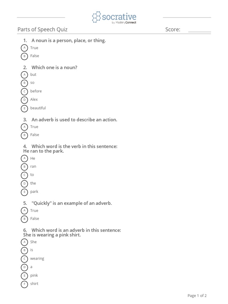 Parts Of Speech Quiz Score True False Adverb Onomastics