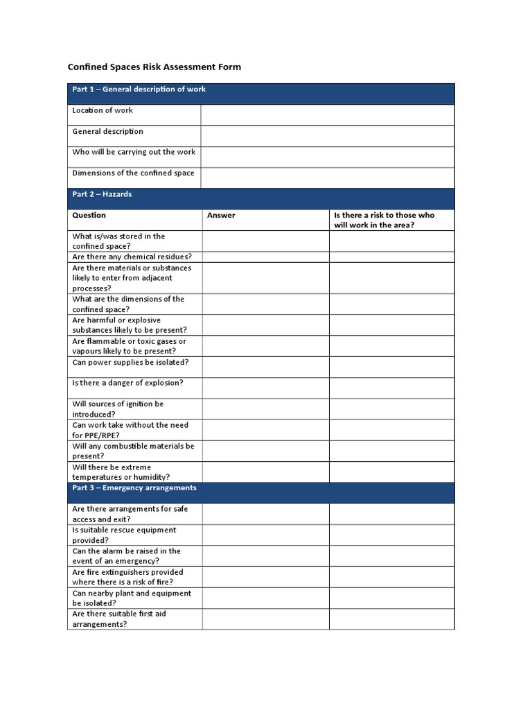 Confined Spaces Risk Assessment Form | Fires | Combustion | Free 30-day