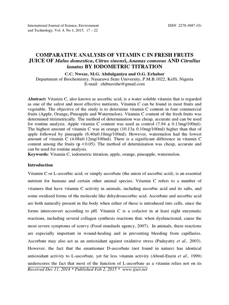 Comparative Analysis of Vitamin C in Fresh Fruits PDF Vitamin C Fruit