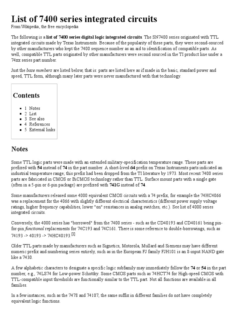 List of 7400 Series Integrated Circuits Wikipedia PDF Electronic Design Electricity