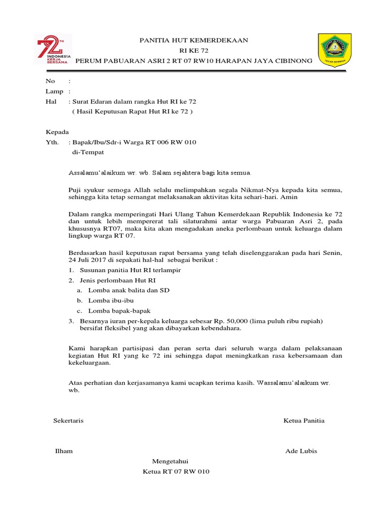 Surat Edaran Dalam Rangka Peringatan Hut Ri Ke 72