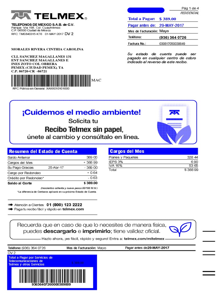 Recibo Telmex 2024 PDF Descargar | PDF | Derecho