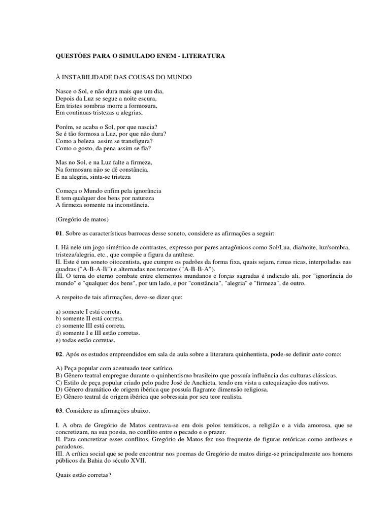Questões de Literatura para Simulado ENEM | PDF | Barroco | Vermelho