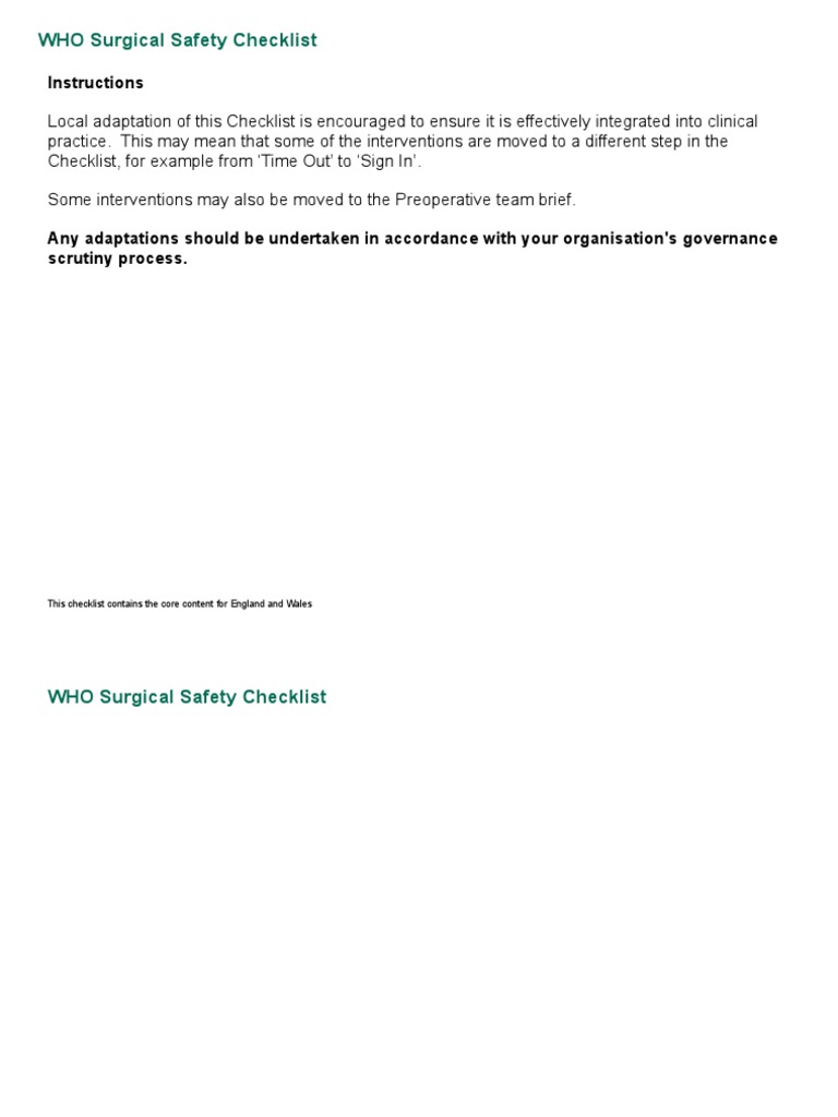WHO Surgical Safety Checklist: Instructions | PDF | Surgery | Medicine