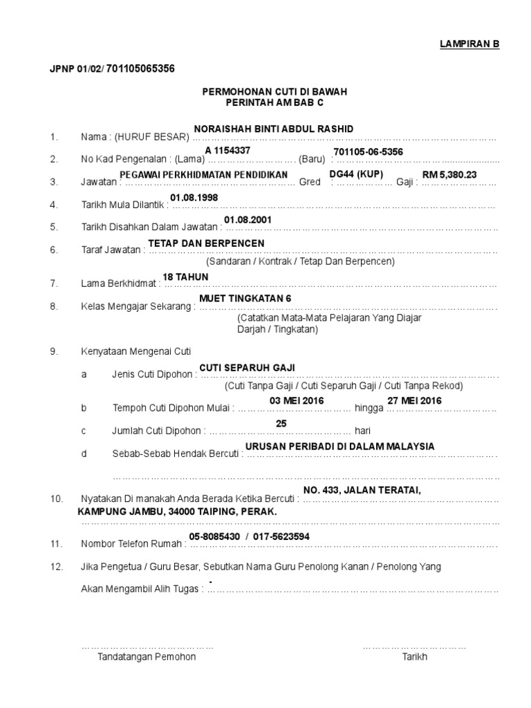 Lampiran B Cuti Tanpa Gaji Separuh Gaji Tanpa Rekod Kelulusan Kpm Pdf