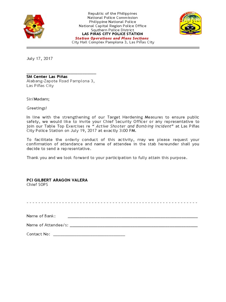 Police Invitation for Security Exercises | PDF | Emergency Services ...