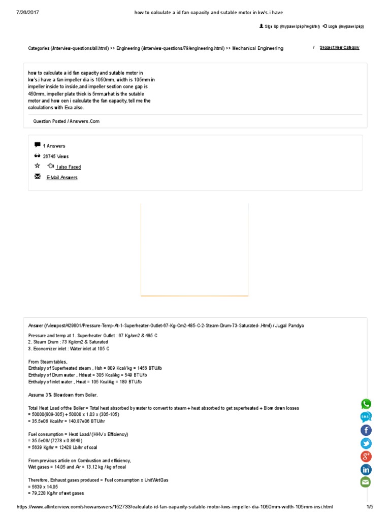 How to Calculate a Id Fan Capacity and Sutable Motor in Kw�s Boiler