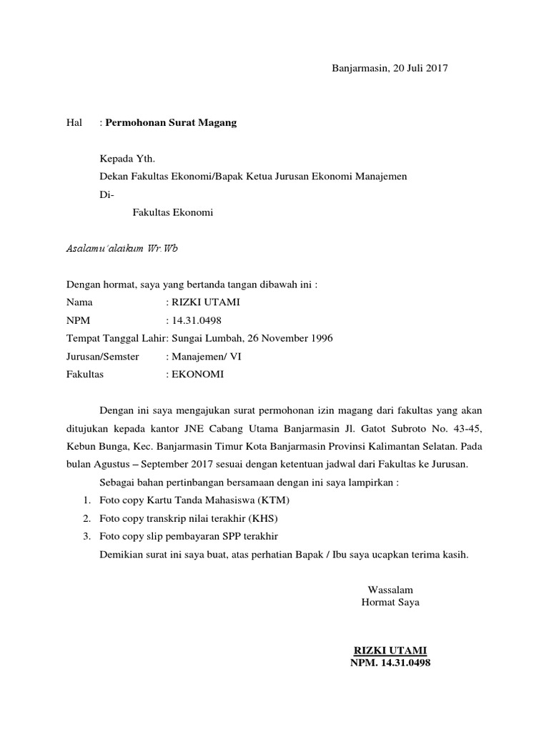 Surat Permohonan Magang Ekonomi