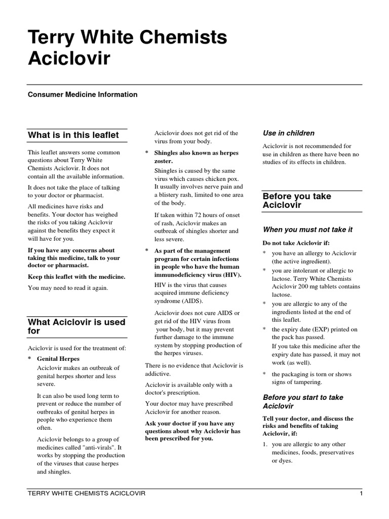Terry White Chemists Aciclovir PDF Herpes Simplex Dose (Biochemistry)