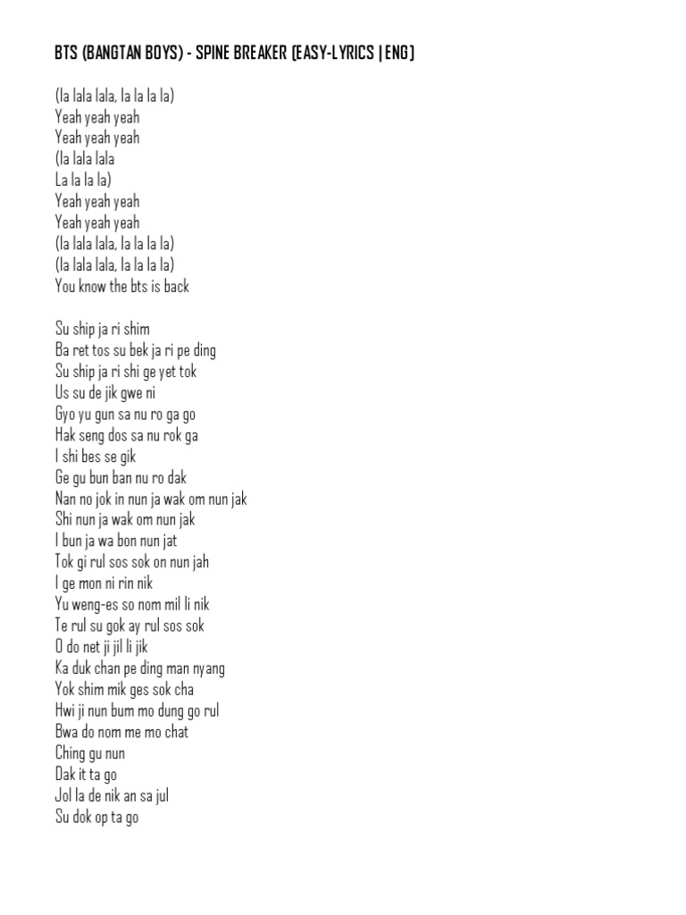 Bts Bangtan Boys Spine Breaker Easy Lyrics Eng Leisure Entertainment General