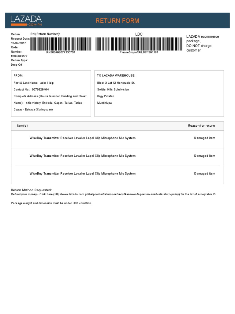 Online Shopping - Return Form | PDF