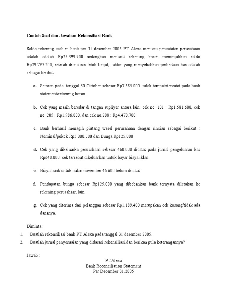 Contoh Soal Rekonsiliasi Bank Dan Jawaban | kumpulan soal matriks