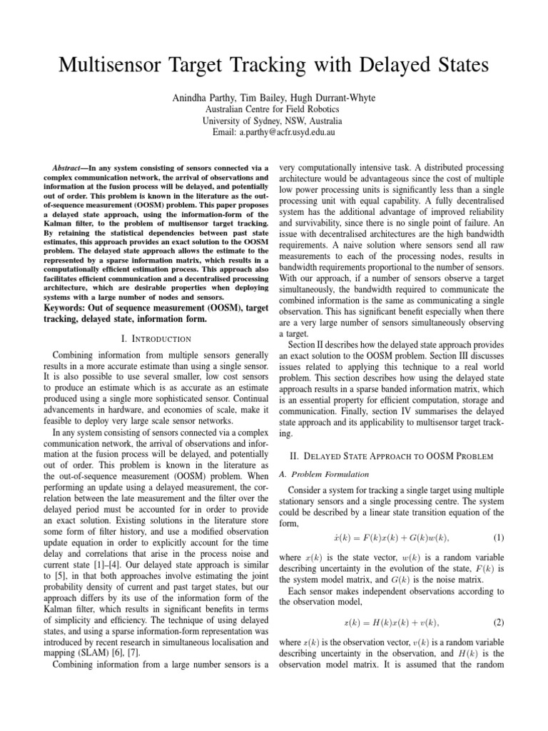 Multisensor Target Tracking With Delayed States | PDF | Kalman Filter ...