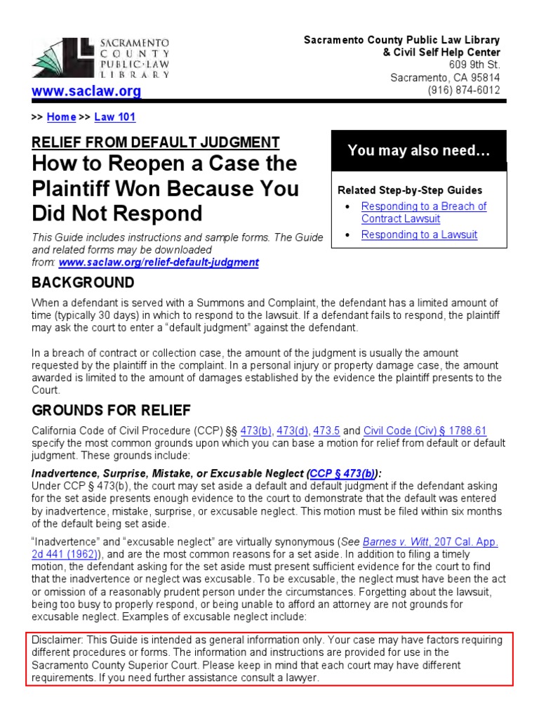 Sbs Relief From Default Judgment Default Judgment Lawsuit