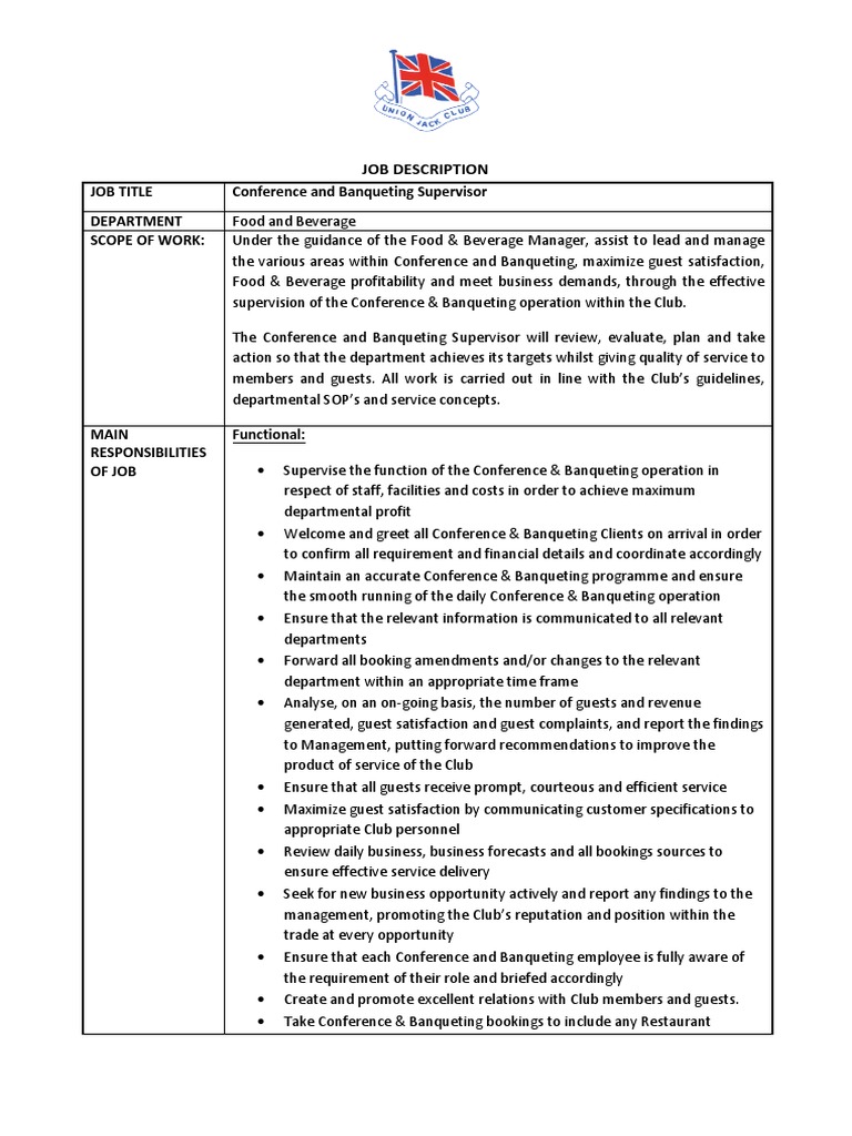 Job Description Job Title Conference and Banqueting Supervisor