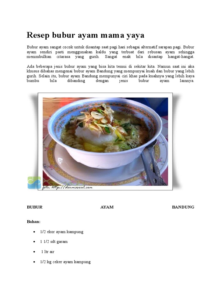 Resep Bubur Ayam Mama Yaya