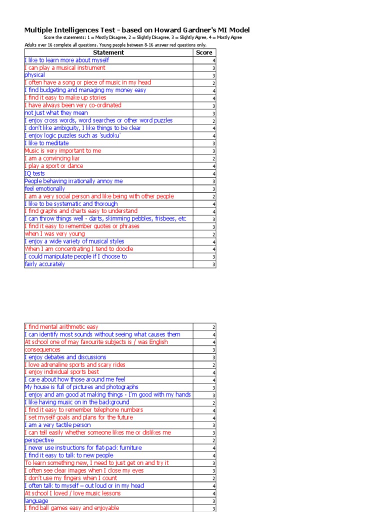 Multiple Intelligence in Excel | PDF | Cognition | Cognitive Science for Free Multiple Intelligence Test Printable