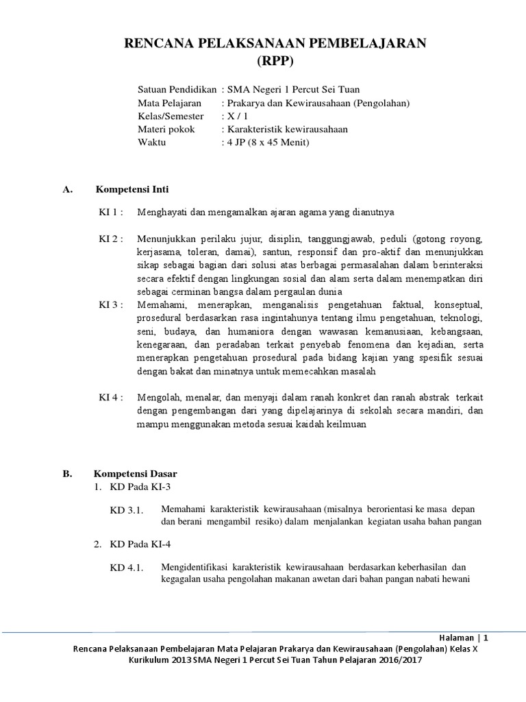 RPP PKWU Pengolahan Kelas X Revisi Ok PDF PDF