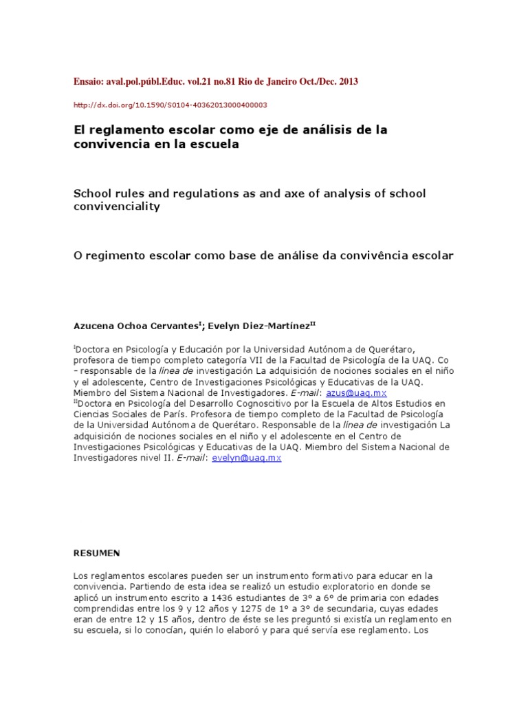 El Reglamento Escolar Como Eje de Análisis de La Convivencia en La Escuela  | PDF | Salón de clases | Regulación