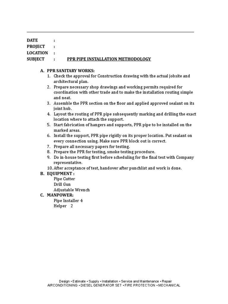 PPR Pipe Insta Methodology | PDF