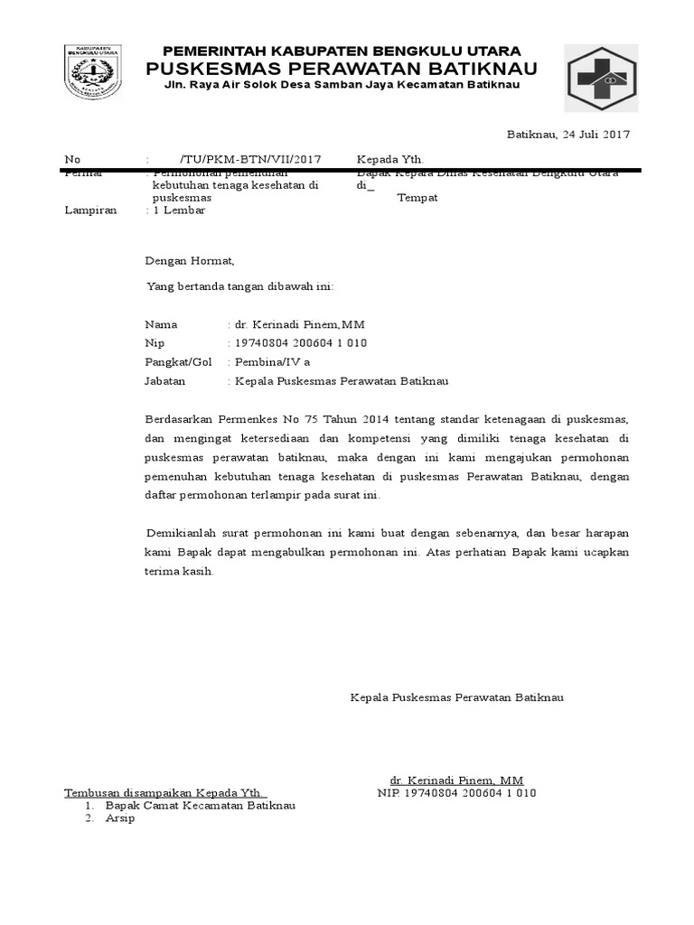 Surat Permohonan Kebutuhan Tenaga Di Puskesmas | PDF
