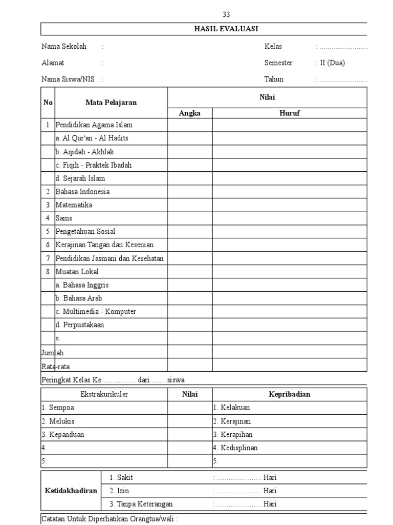 Identitas dan Hasil Evaluasi Raport | PDF | Griya & Taman