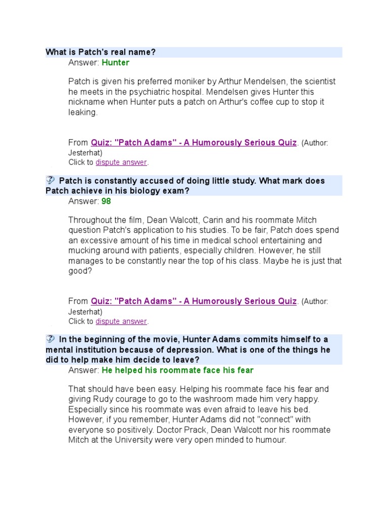Patch Adams Questions and Answers PDF Hospital And Clinic Wellness