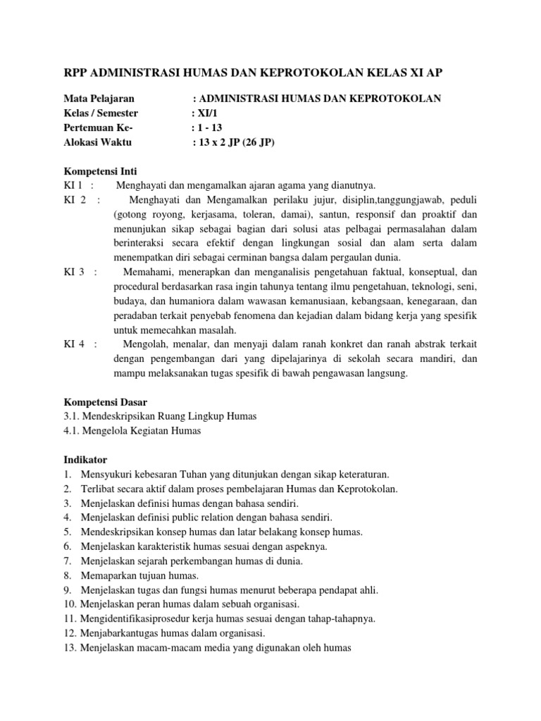 Rpp Administrasi Humas Dan Keprotokolan Kelas Xi AP