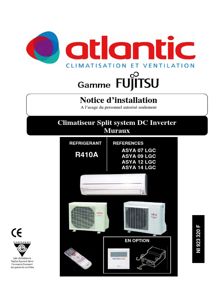 Clim Reversible Fujitsu Inverter Mode D Emploi Telecommande Atlantic Fujitsu Notice D Installation | PDF | mesure de pression |  Climatisation