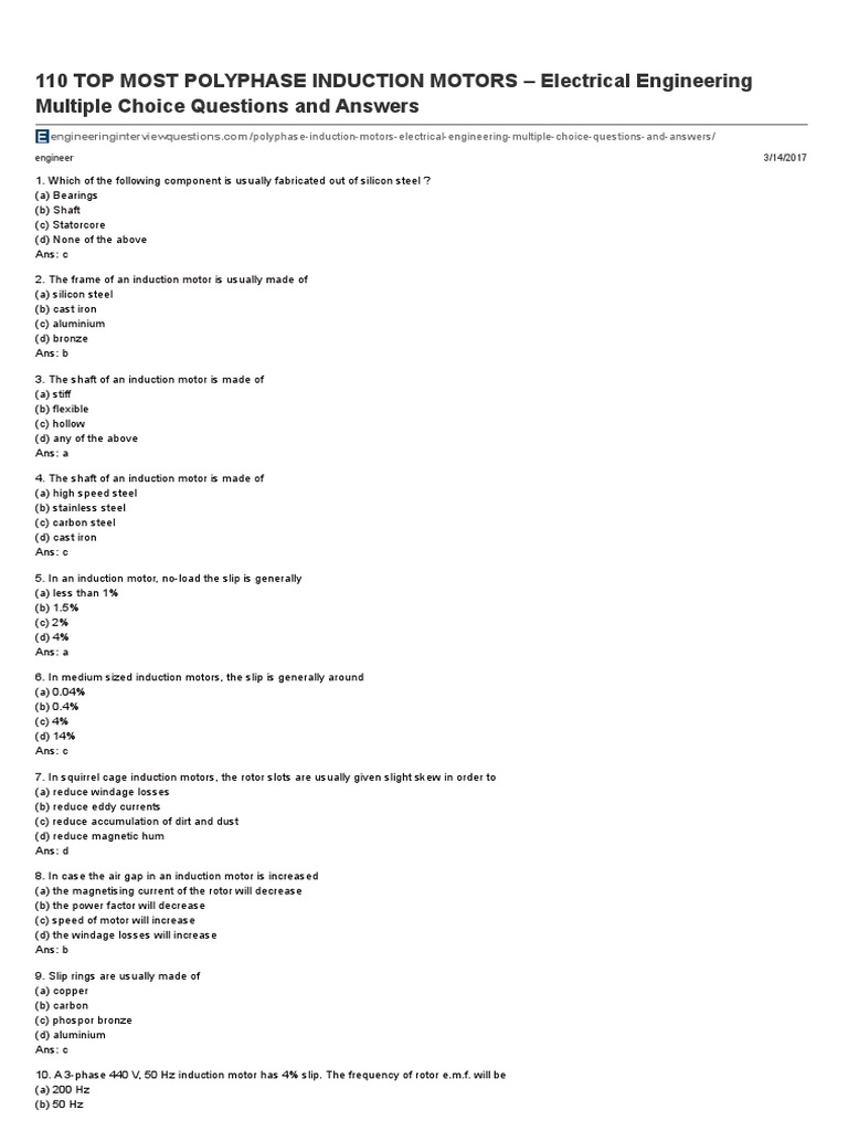 110 TOP MOST POLYPHASE INDUCTION MOTORS Electrical Engineering Multiple Choice Questions and