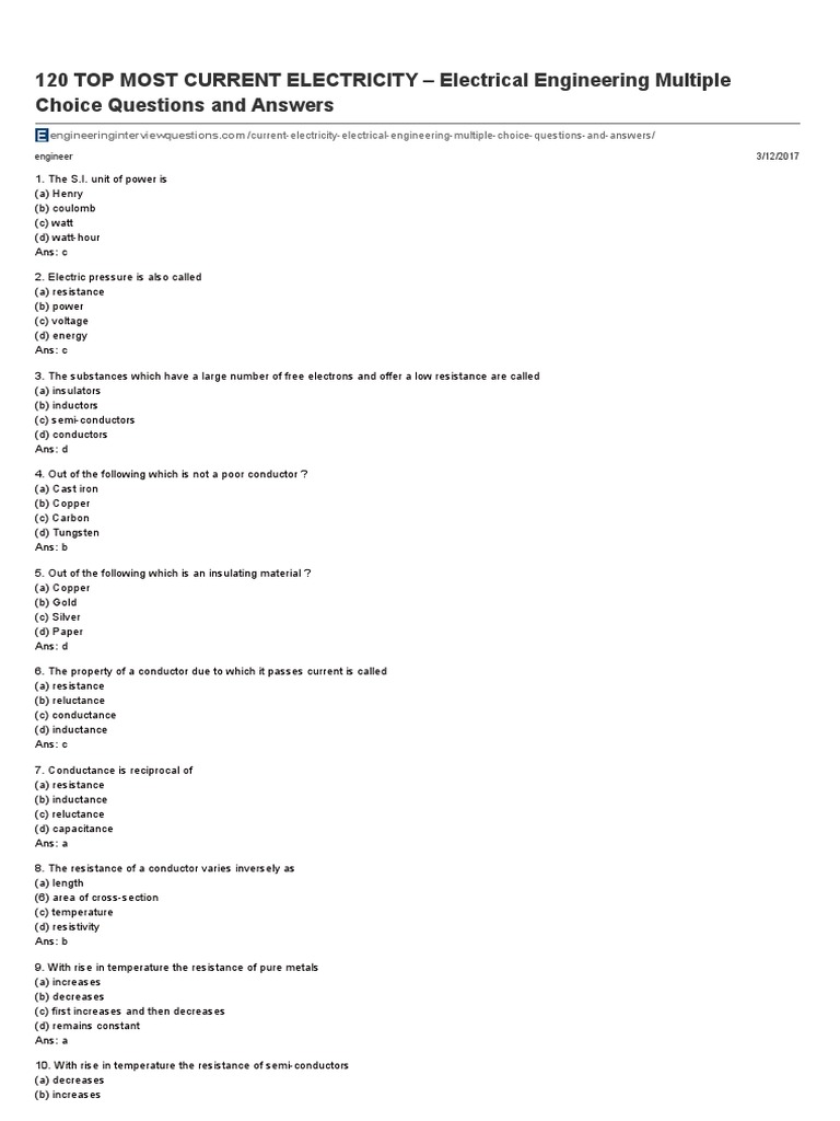 120 Top Most Current Electricity Electrical Engineering Multiple Choice Questions And Answers Electrical Resistance And Conductance Series And Parallel Circuits
